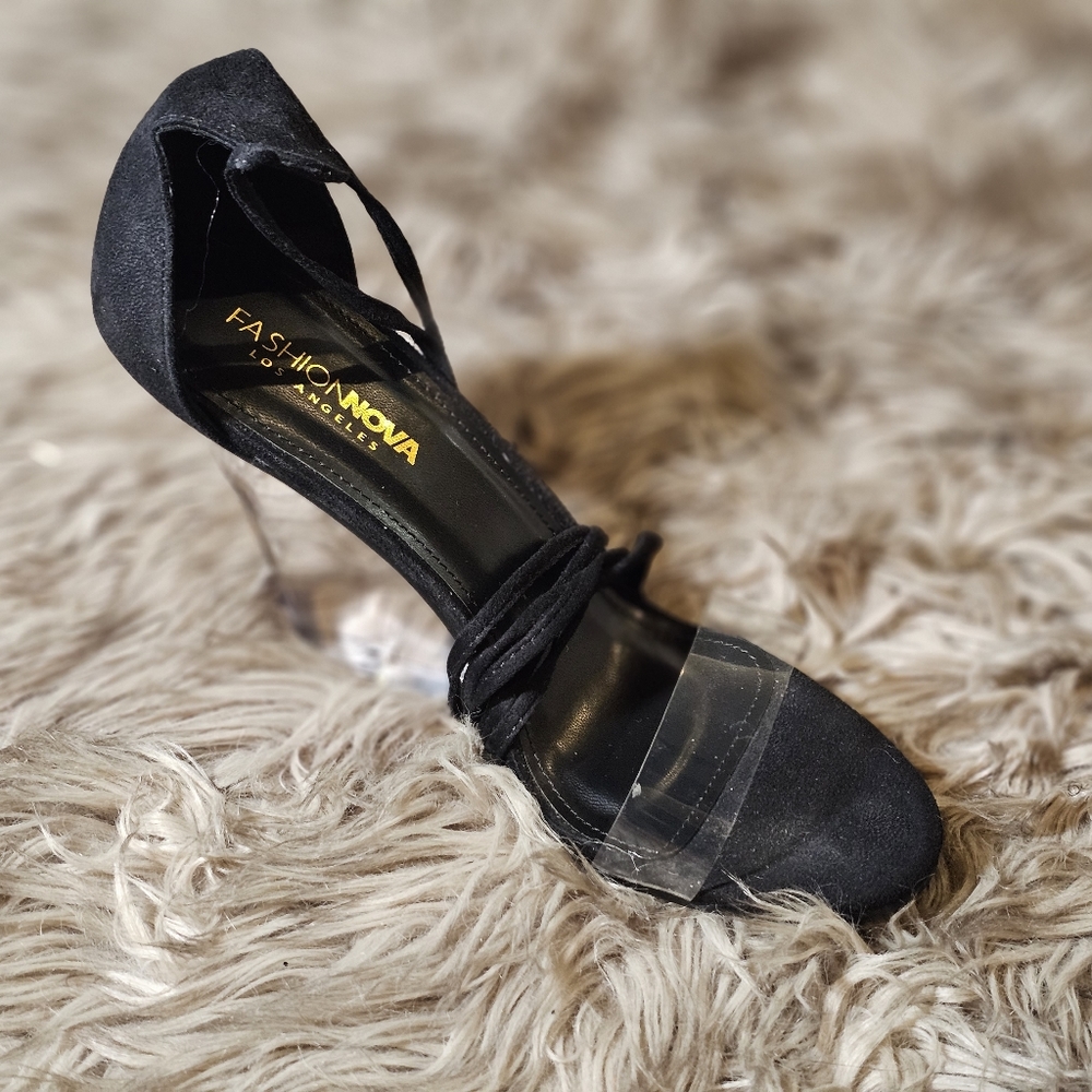 Black Suede High Heel Clear Wedge Shoe